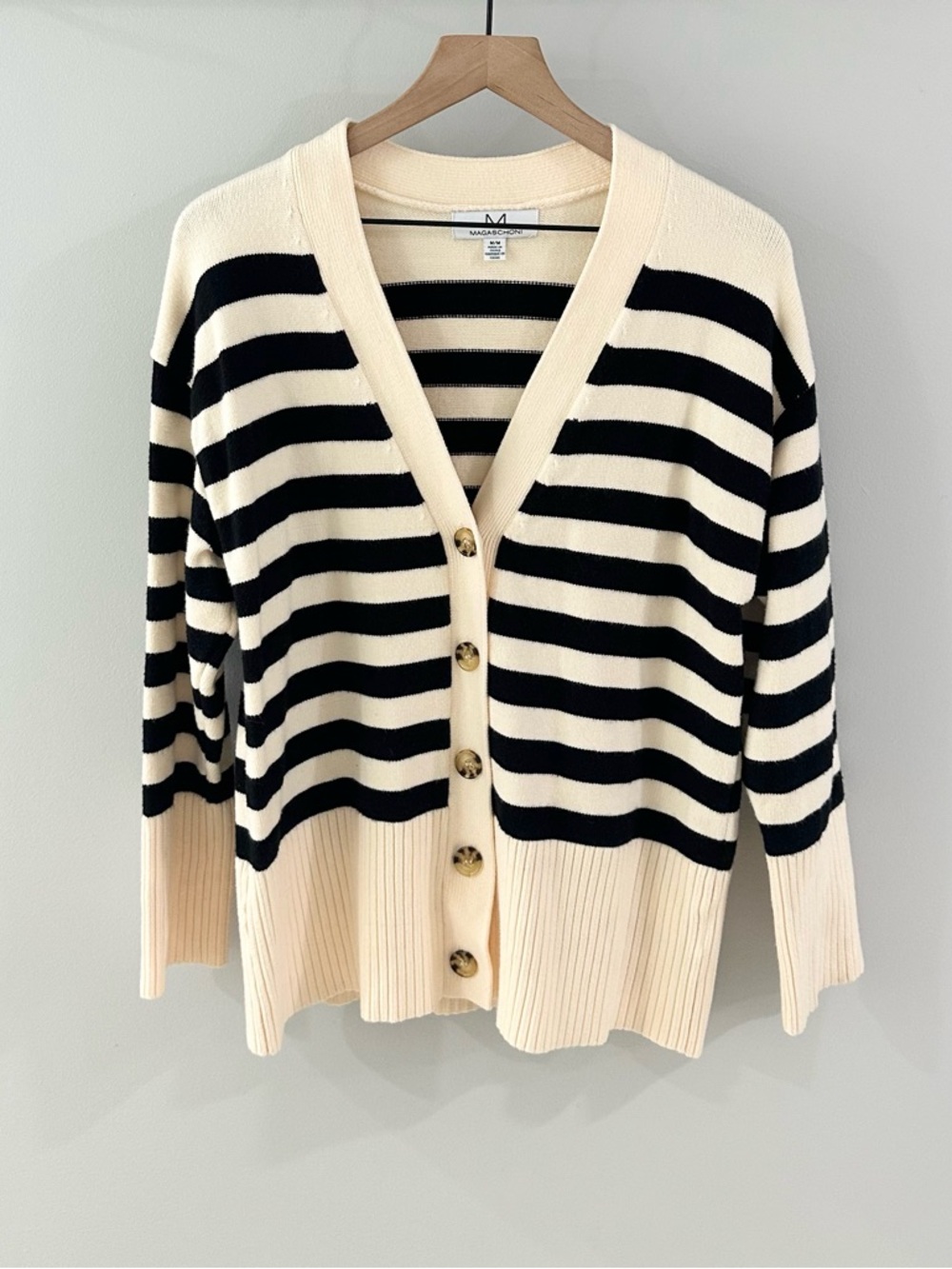 Magaschoni Women’s Stripe V-Neck Cardigan // Black & Cream // Medium - Picture 2 of 6